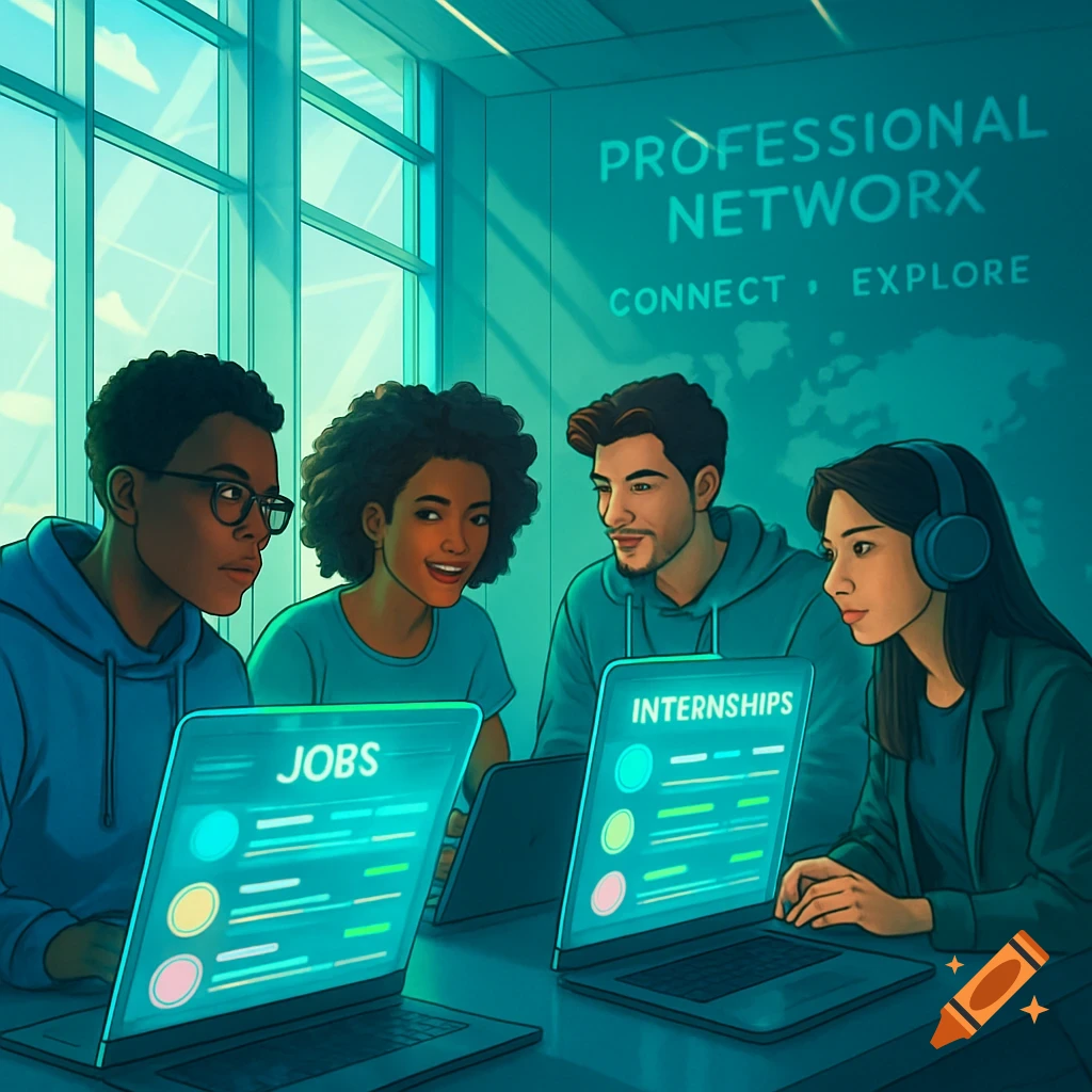 Four diverse students work on laptops in a modern office. Screens display 'JOBS' and 'INTERNSHIPS.' A wall sign reads 'PROFESSIONAL NETWORX.'