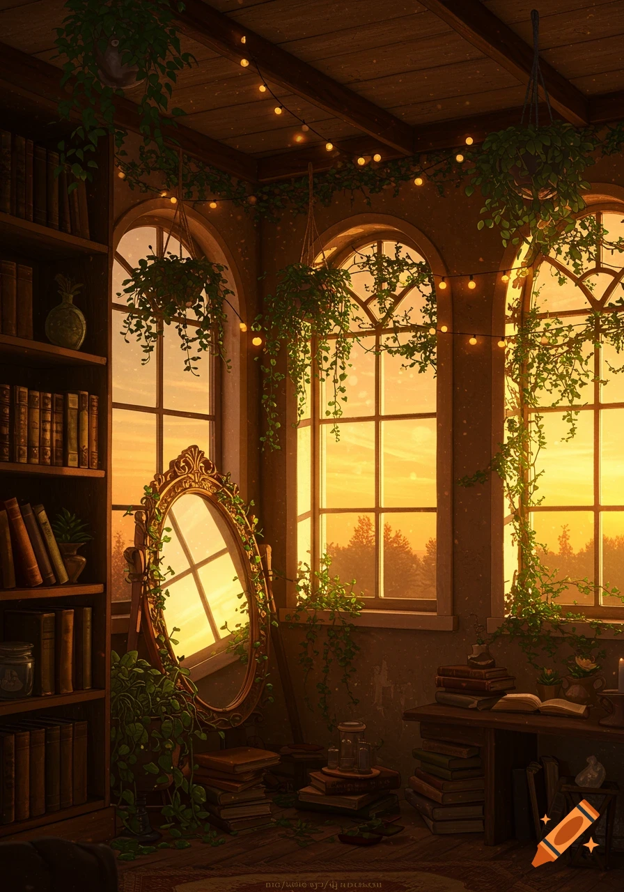 A cozy room with a large bookshelf, a vintage mirror, and three arched windows filled with golden hour sunlight. Vines and string lights hang from the ceiling.