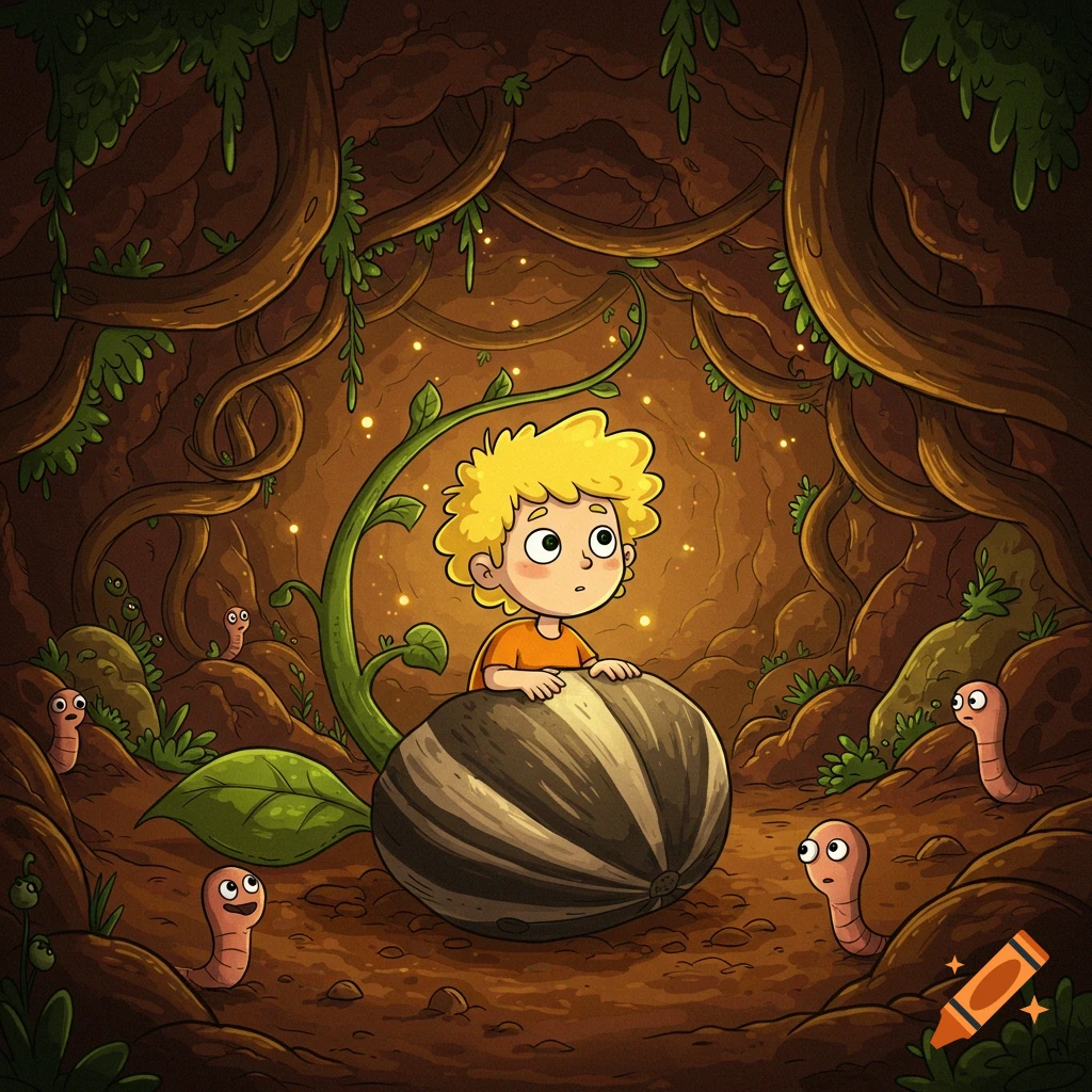 A cartoon boy with yellow hair peers from a striped sunflower seed in a glowing underground cave with roots and smiling worms.