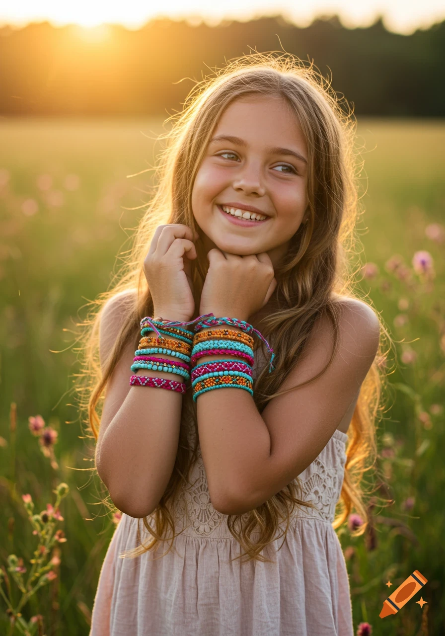 A young girl with long hair and colorful bracelets smiles in a sunny field at sunset.