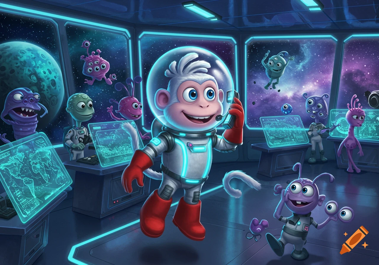 A cheerful cartoon monkey in a space suit takes a call in a futuristic space station, surrounded by colorful aliens and holographic screens, with a vibrant galaxy visible through the windows.