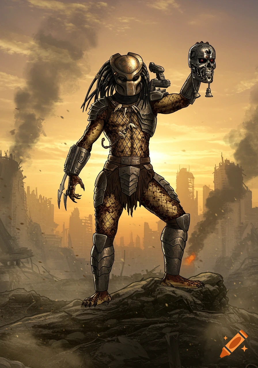 A stylized illustration of a Predator alien holding a Terminator skull in a destroyed city landscape.