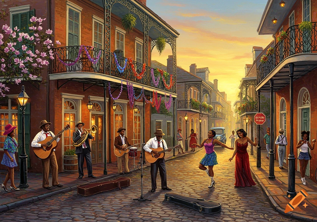 Vibrant painting of a New Orleans street with musicians playing, people dancing, and historic architecture at sunset.
