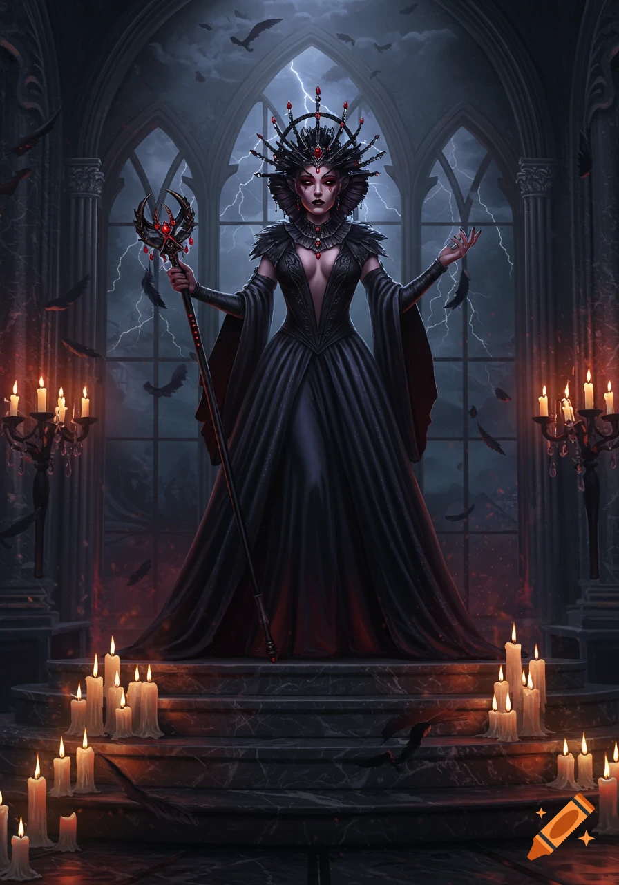 A dark queen in a black gown stands in a gothic cathedral with lightning outside, surrounded by candles and bats.