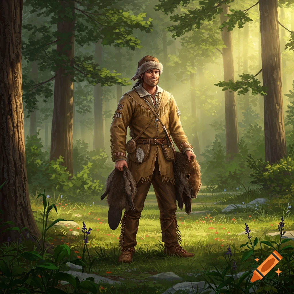 A historical fur trapper, or coureur des bois, in a forest clearing holding two beaver pelts, bathed in sunlight.