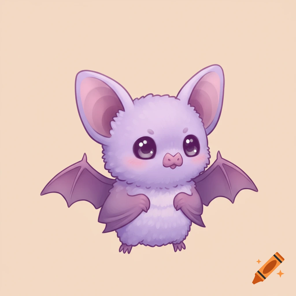 A cute, fluffy, purple chibi bat with large ears and big eyes, standing on a light background.