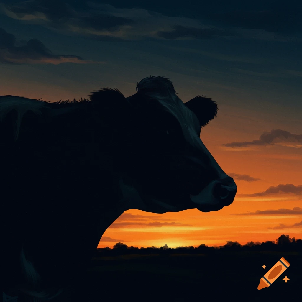 A dark silhouette of a cow's head facing right, set against a vibrant orange and yellow sunset with dark clouds above and a dark landscape below.