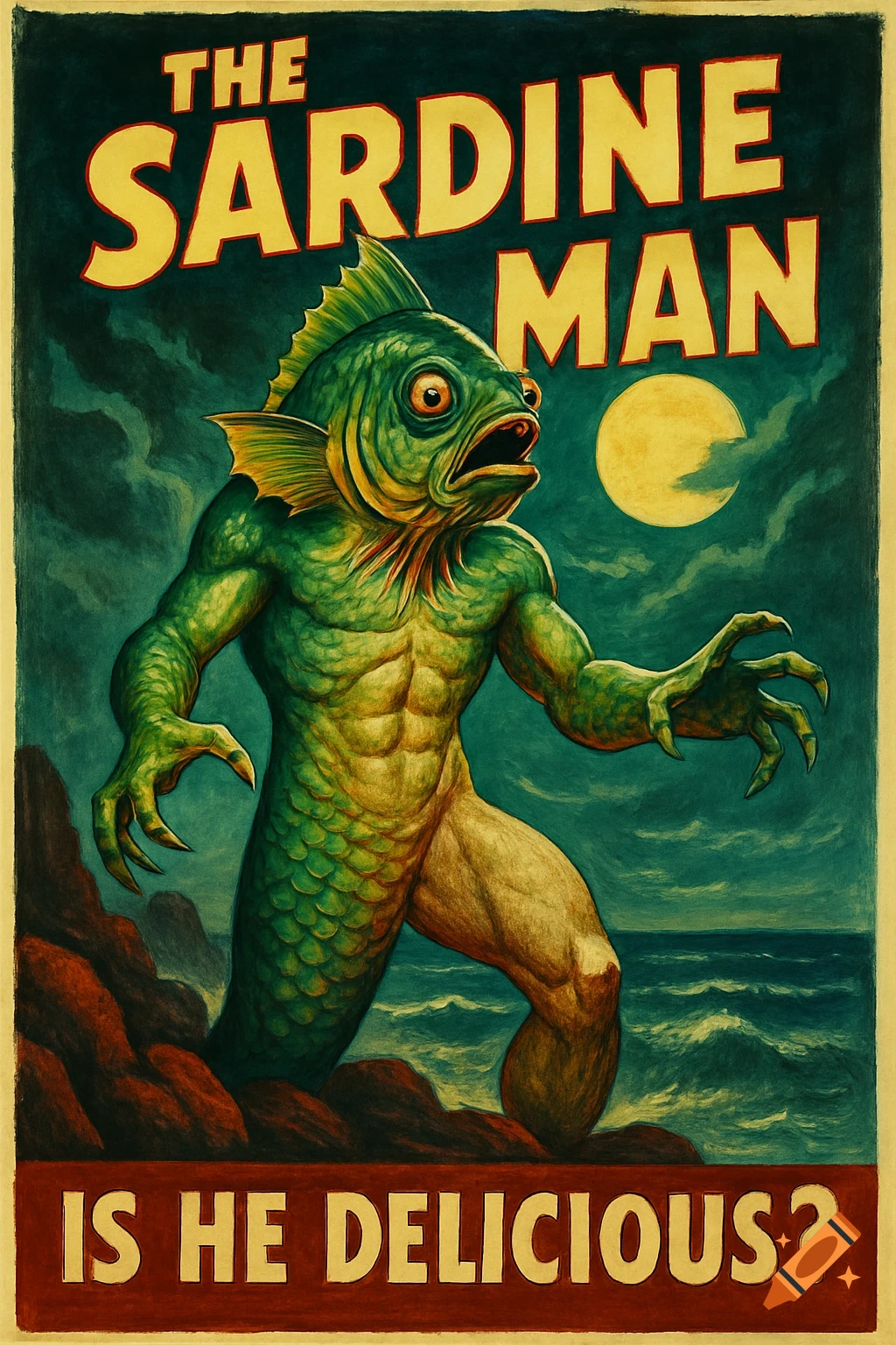 A vintage 1940s horror movie poster features a muscular, green fish-man creature emerging from rocks by the ocean under a full moon. Text reads 'THE SARDINE MAN' and 'IS HE DELICIOUS?'