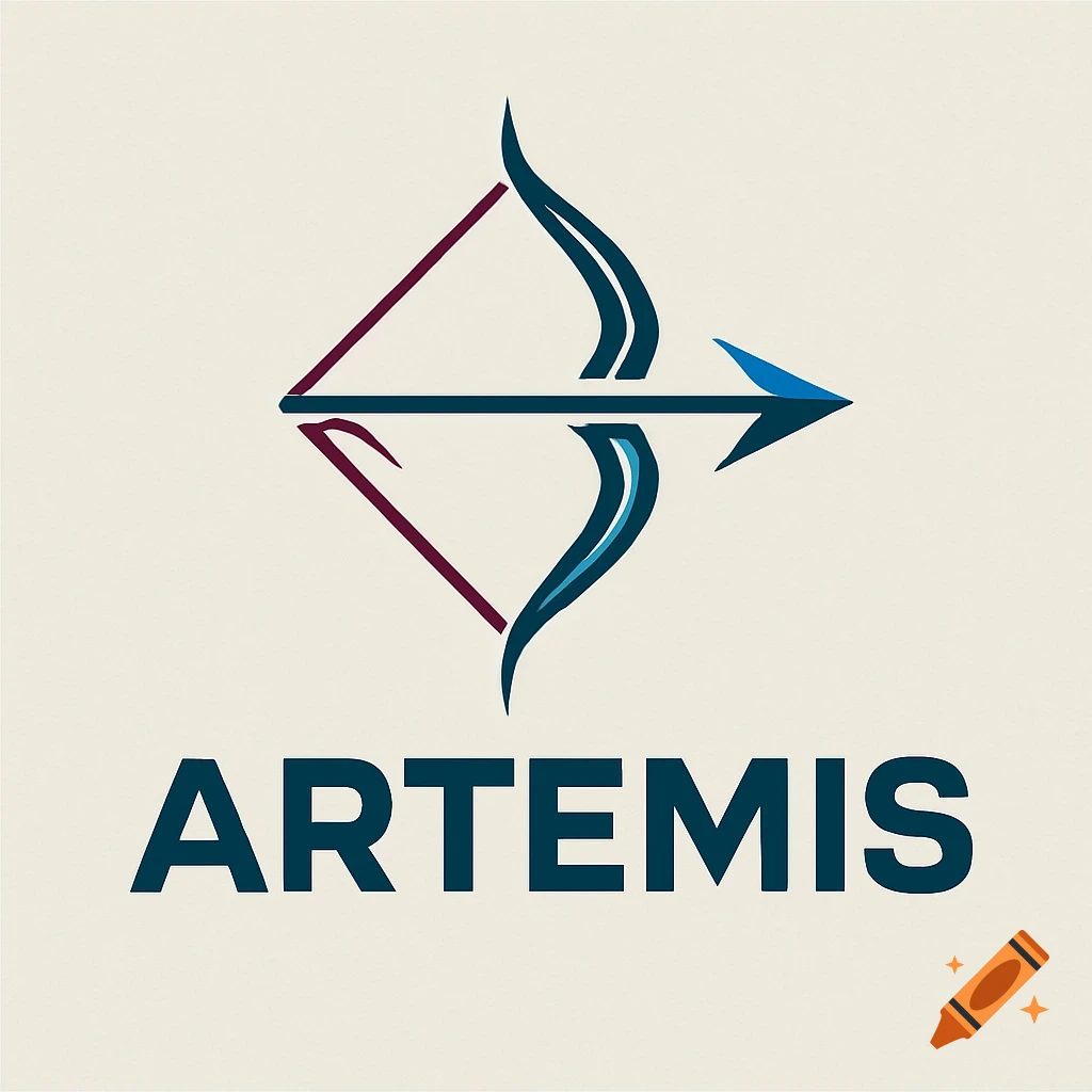 A stylized blue bow and arrow design logo above the dark blue word "ARTEMIS" on a cream background.