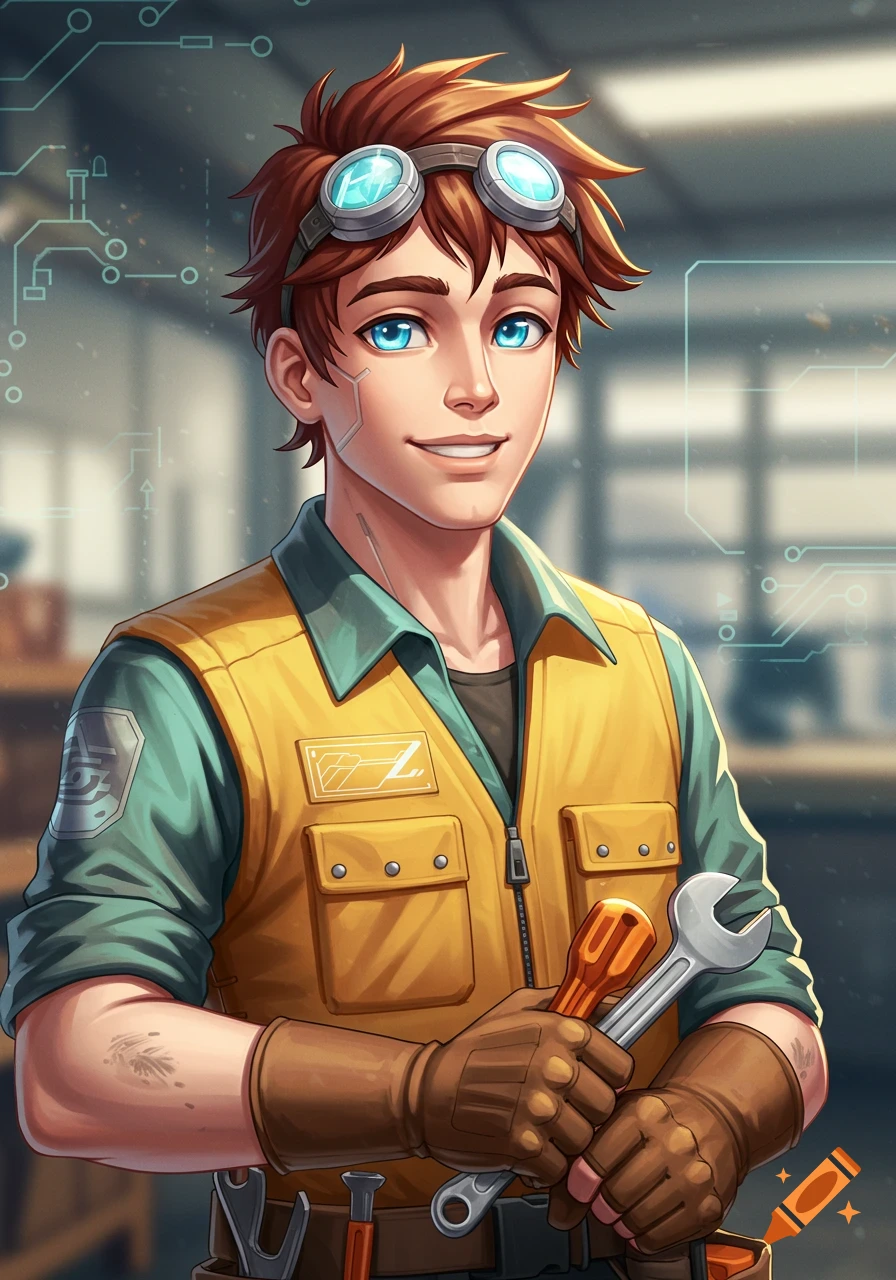 A semi-realistic anime-style portrait of a smiling young man with goggles, a yellow utility vest, and brown fingerless gloves holding a wrench and screwdriver.