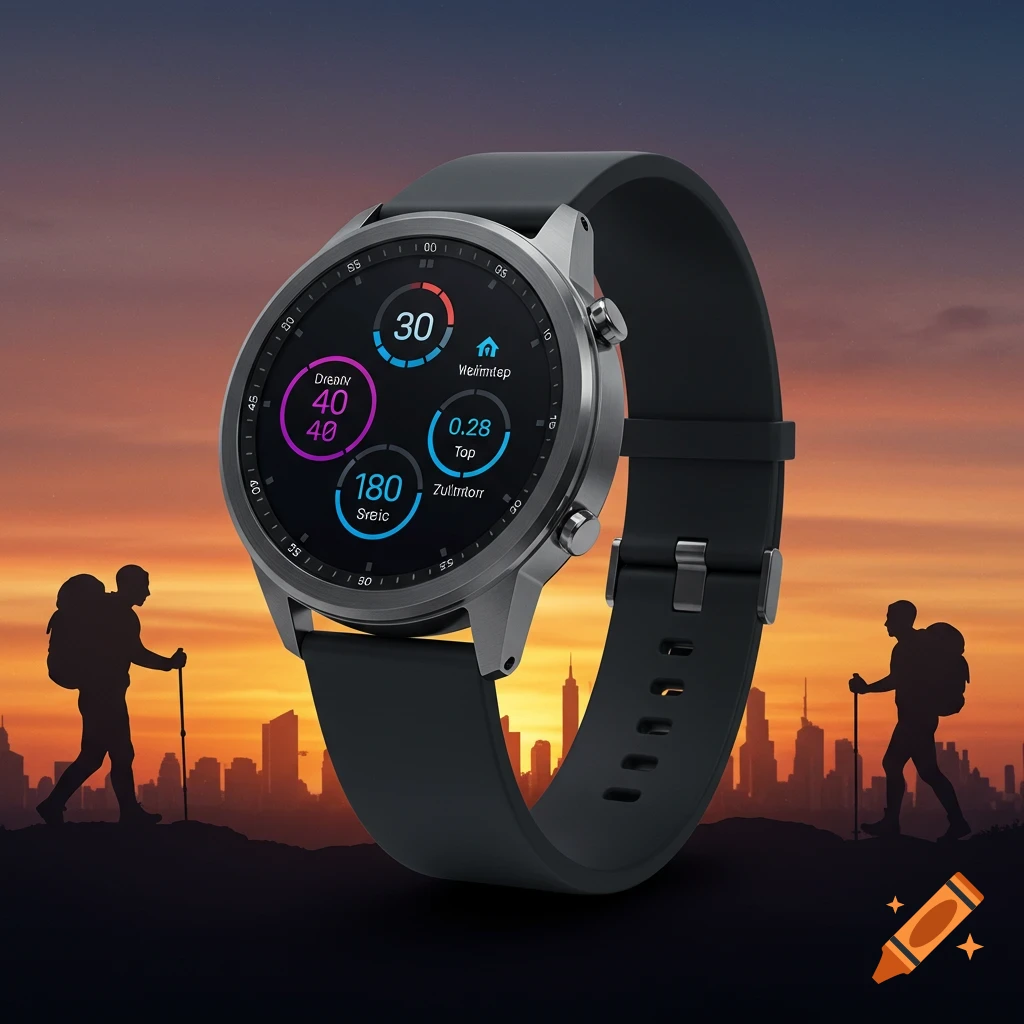 A sleek black and gray smartwatch with a digital display showing fitness metrics, set against a sunset backdrop with silhouetted hikers and a city skyline.