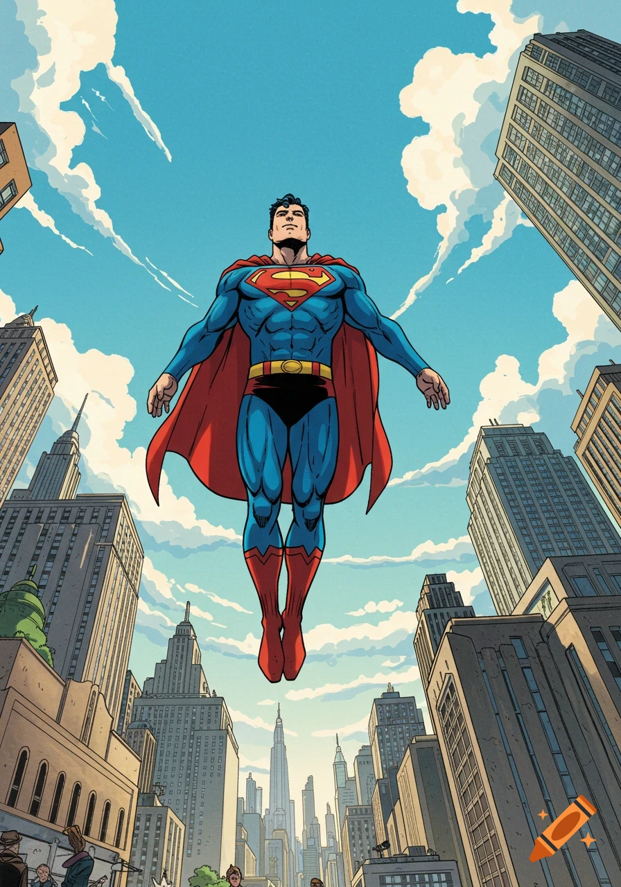 Superman flies high above a bustling city, rendered in a classic comic book art style.