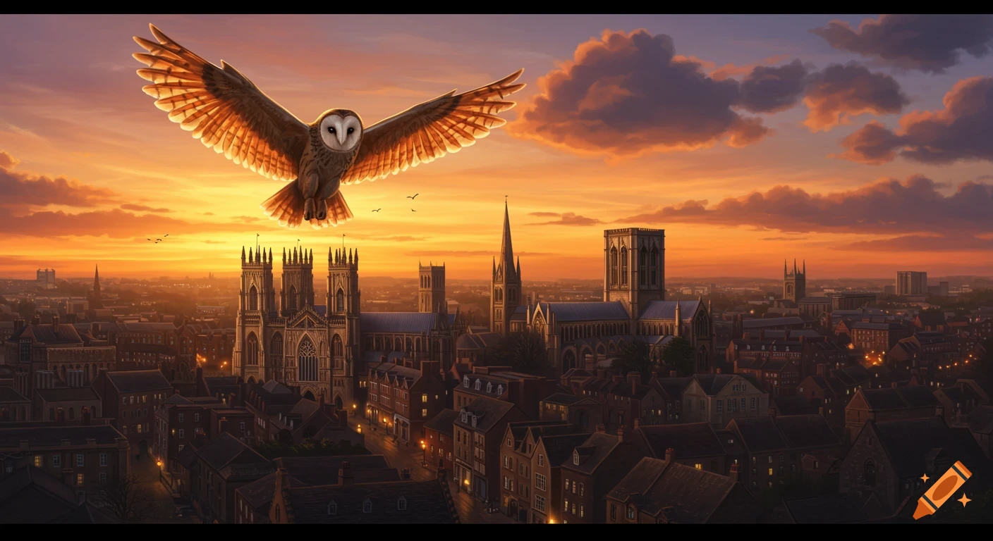 A barn owl soars over a detailed cityscape with cathedrals and buildings at sunset, bathed in golden light.