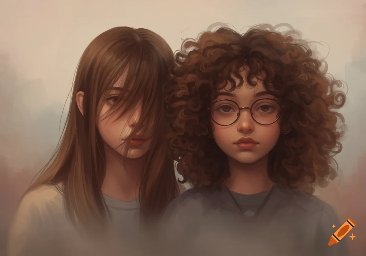 Two stylized girls, one with long straight brown hair partially covering her face, and another with curly brown hair with glasses. The image has a soft, blurry, painterly style.