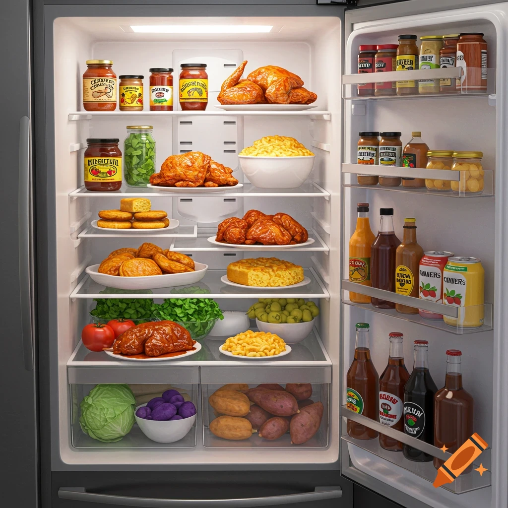 A brightly lit refrigerator filled with various food items including roasted chickens, jars of preserves, bowls of pasta, vegetables, and drinks.