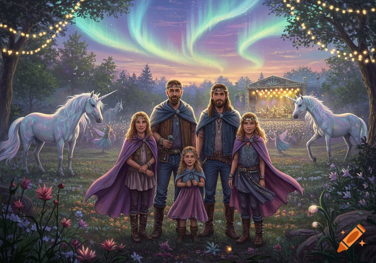 A magical family portrait in a vibrant forest, featuring two men and three girls with unicorns and an outdoor concert under aurora lights.