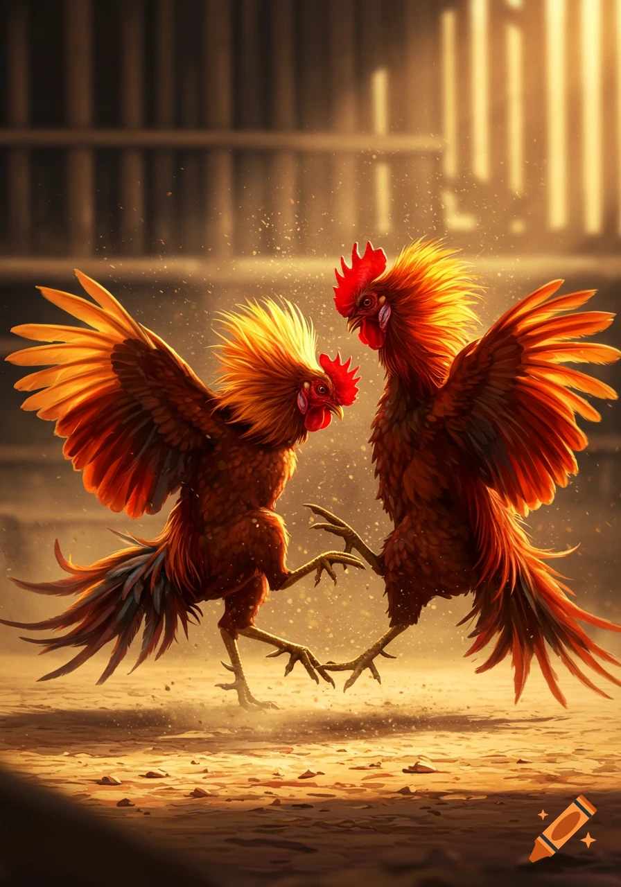 Two detailed roosters with fiery orange and red feathers face each other, wings spread, in a dusty, warm-lit arena, appearing ready to fight.