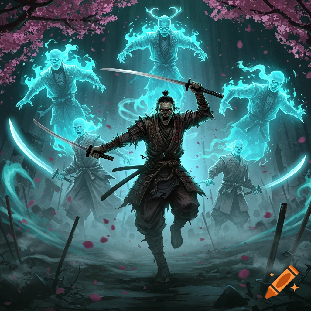 A zombified samurai with katanas charges forward as five glowing blue ghost samurai float around him under a pink cherry blossom tree.