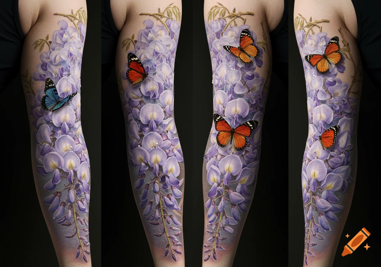 Photorealistic arm sleeve tattoo of purple wisteria flowers with orange and blue butterflies.