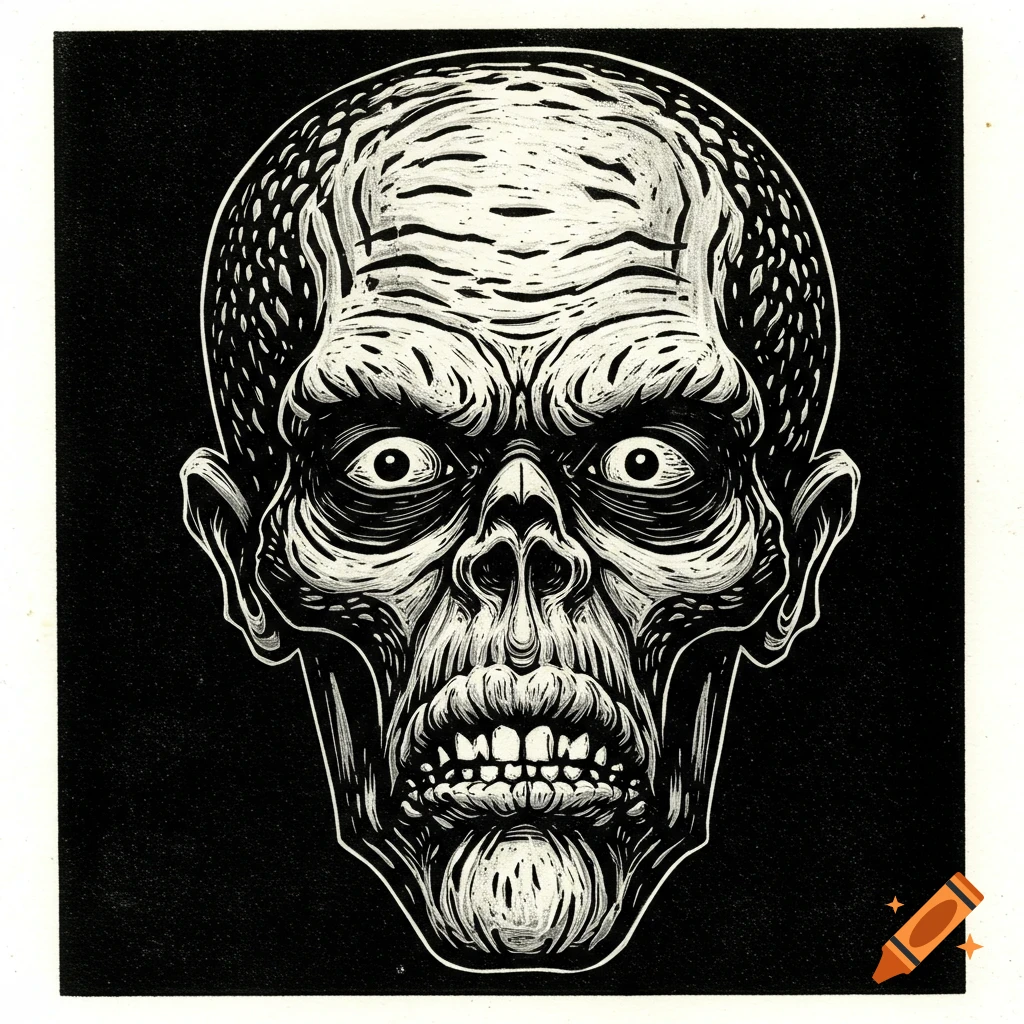 A grotesque, black and white woodcut illustration of an alien's head with wide eyes and bared teeth.