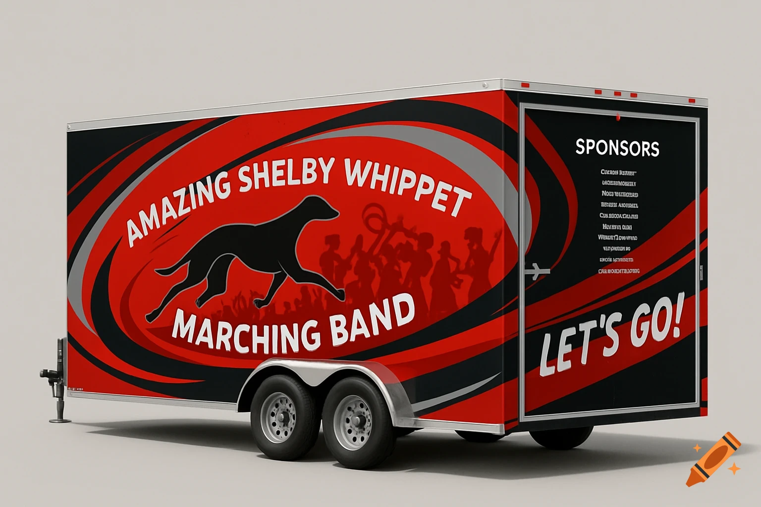 A red and black enclosed trailer for the 'Amazing Shelby Whippet Marching Band' with a whippet silhouette and band members.