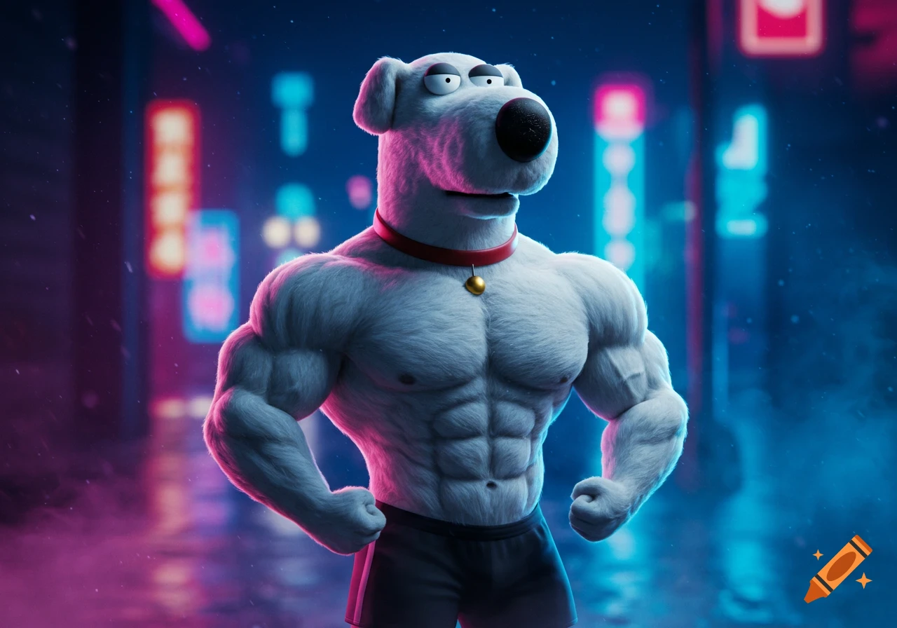 A buff Brian the dog from Family Guy stands in a neon-lit city street at night, with defined muscles and a red collar.