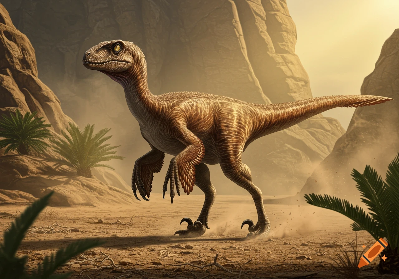 A photorealistic velociraptor stands in a dusty desert landscape with rock formations and small plants.