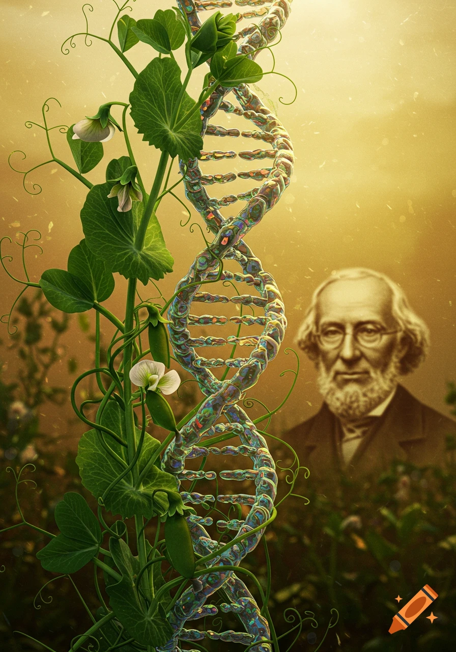 A surreal image of a pea plant intertwined with a DNA helix, with Gregor Mendel's portrait in the background.