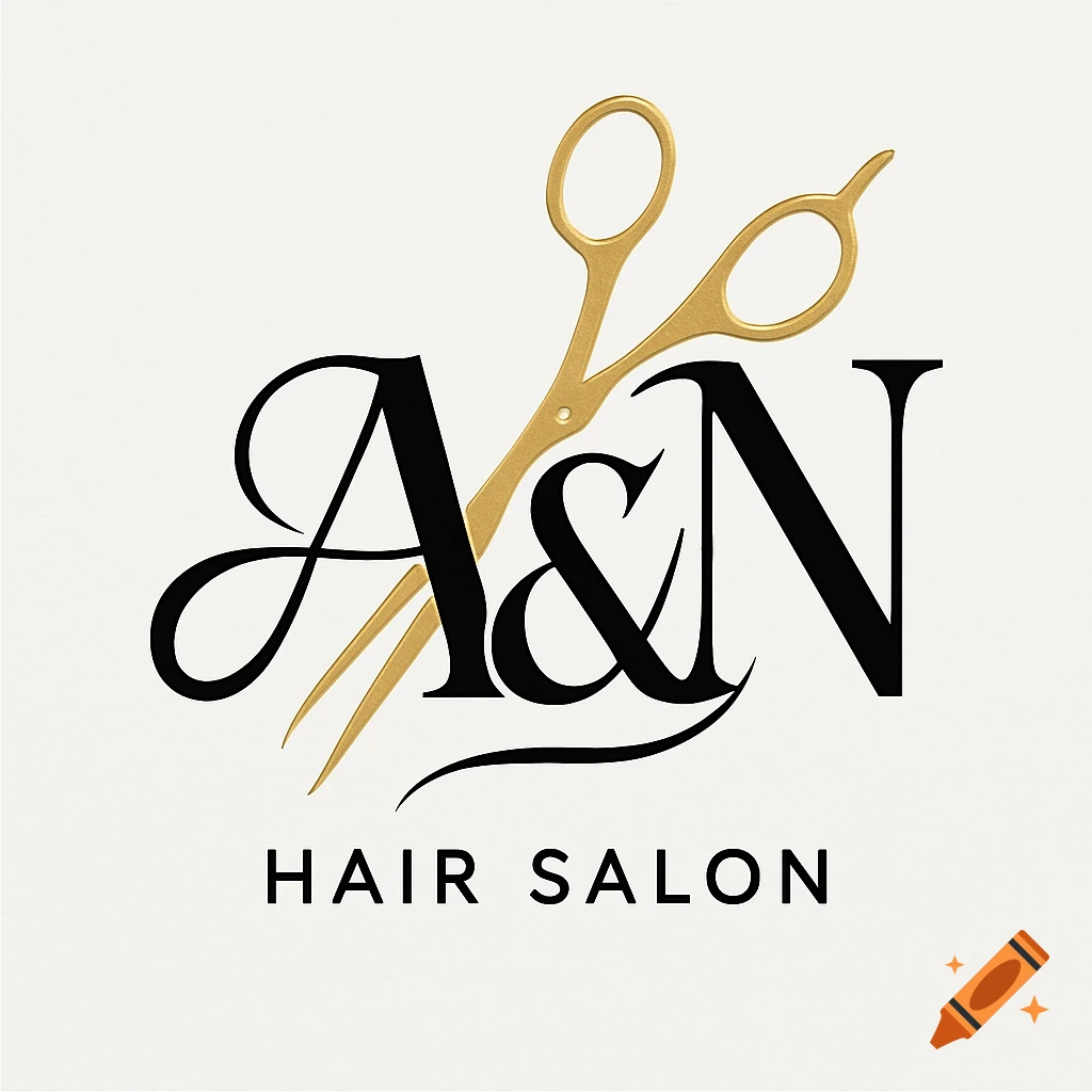 A black and gold hair salon logo with stylized 'A&N' and golden scissors above 'HAIR SALON' text on a white background.