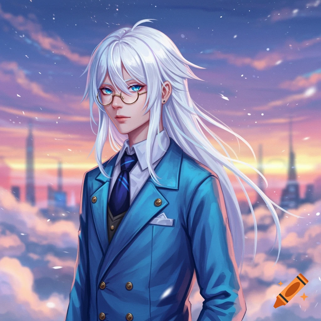 An anime character with long white hair, blue eyes, and glasses in a blue suit, standing against a colorful sunset sky.