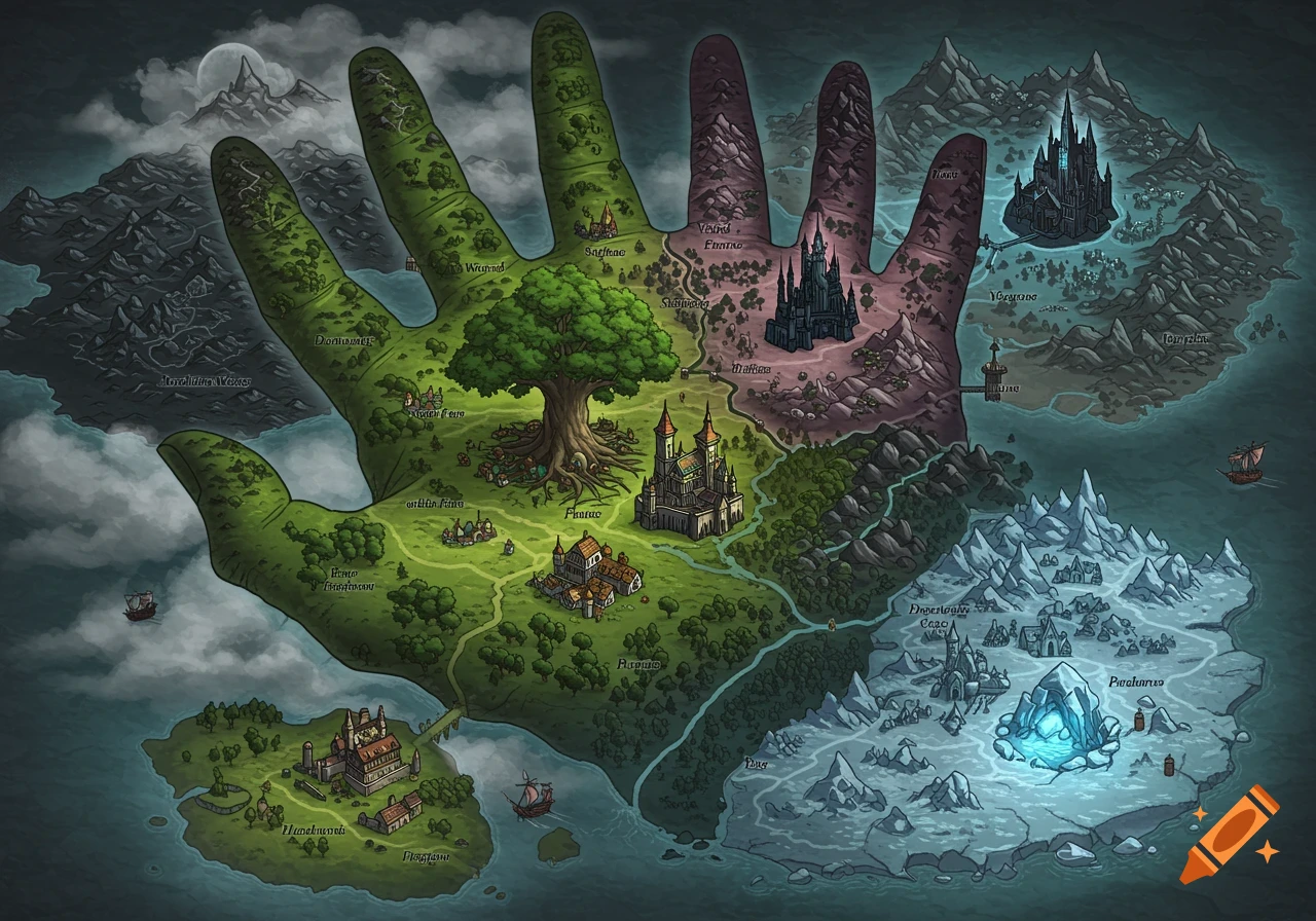 A detailed fantasy map of an island shaped like a human hand, featuring varied biomes, castles, and villages across fingers and palm.