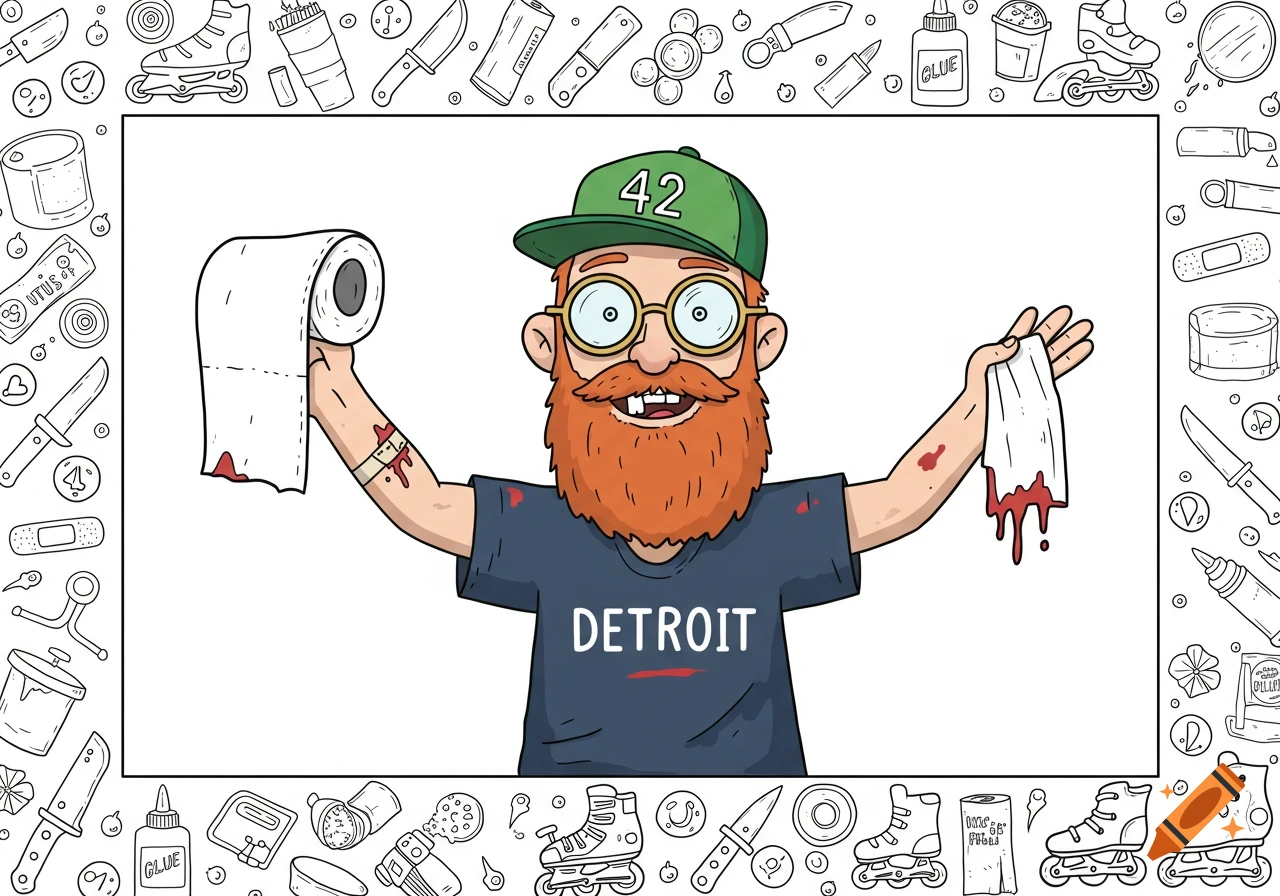 Cartoon line drawing of a red-bearded man in a '42' cap and 'DETROIT' shirt, holding bloody toilet paper and a bloody cloth, framed by playful icons.