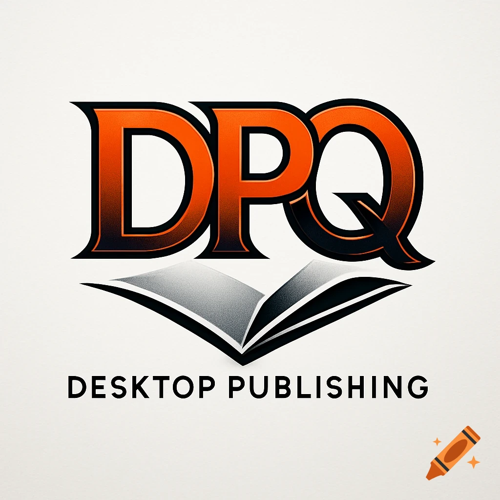 An orange and black logo featuring the letters DPQ above an open book icon and 'DESKTOP PUBLISHING' text.