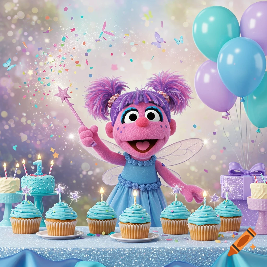 Abby Cadabby from Sesame Street celebrating a birthday with blue cupcakes, a birthday cake with a number 1, balloons, and confetti.