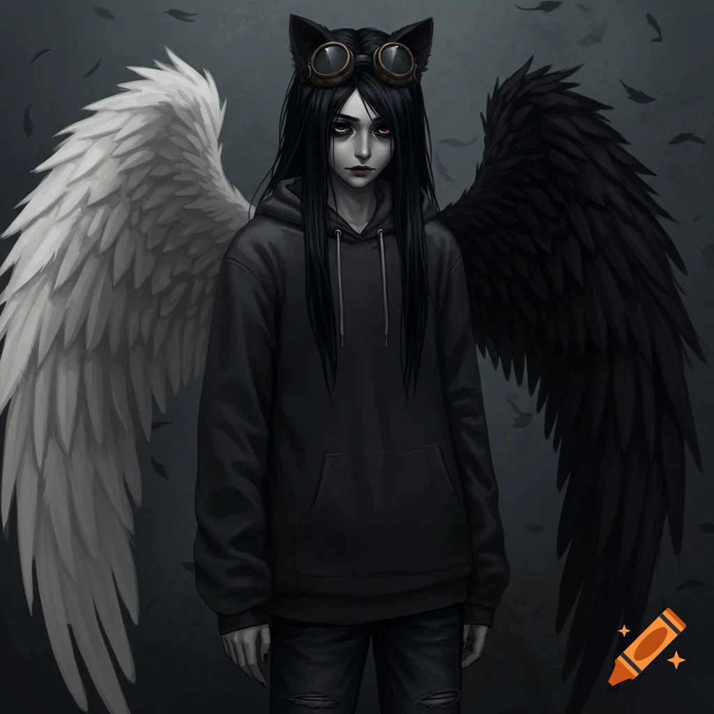 A gothic character with long black hair, cat ears, and goggles, wearing a black hoodie and jeans, stands with one white wing and one black wing.