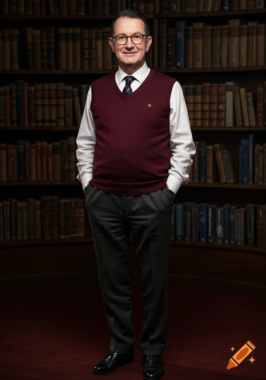 A photorealistic portrait of a man in glasses, a white shirt, a maroon sweater vest, and grey trousers, standing in a library.