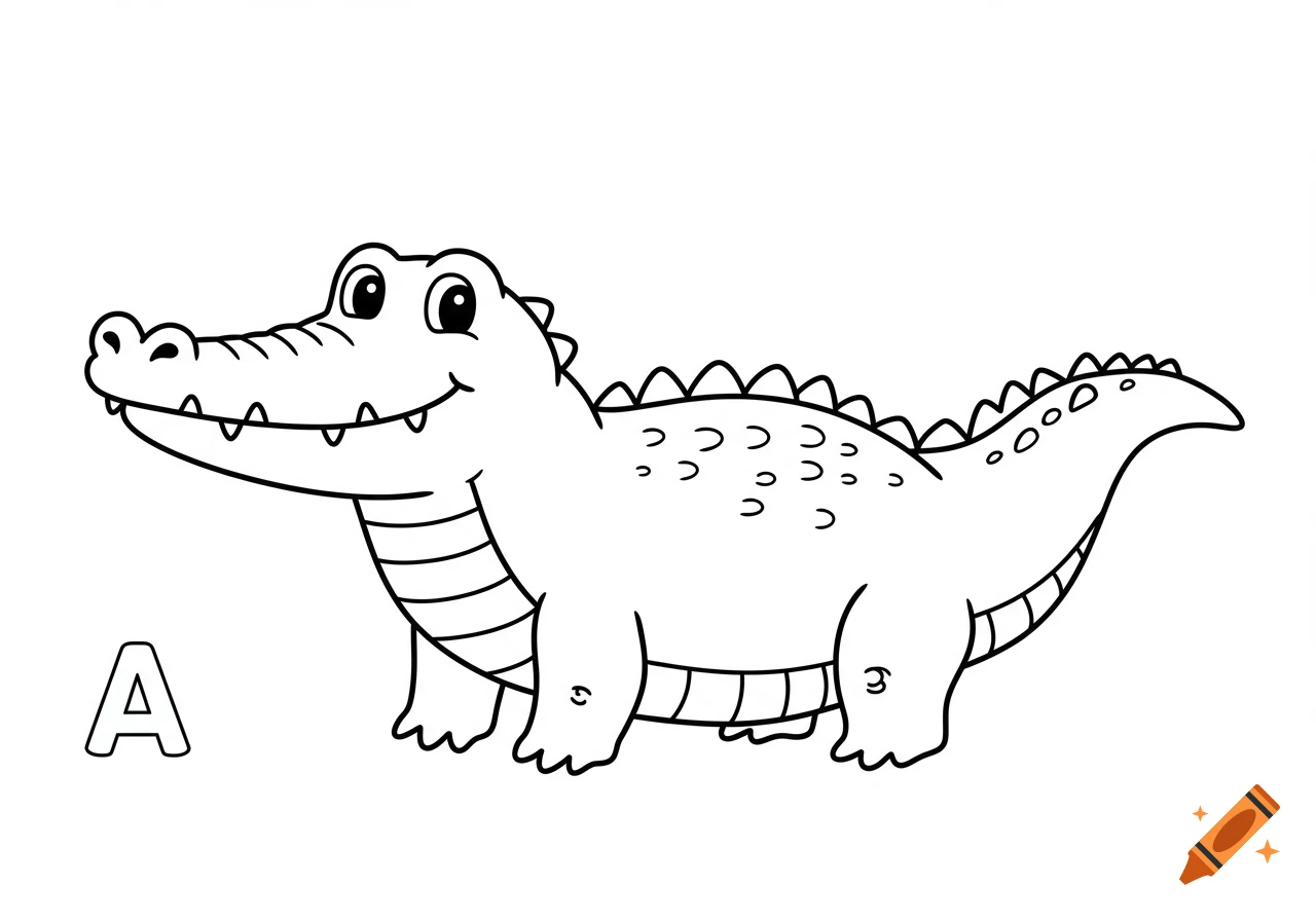 Black and white cartoon line drawing of a smiling alligator for a kids coloring book, with a large letter A.