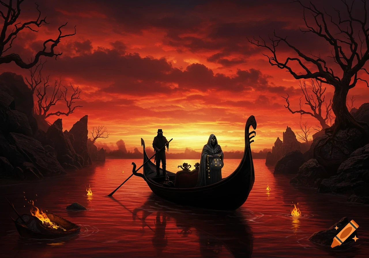 Two dark figures, one rowing, one robed with glowing eyes, in a gondola on a fiery red river under a dramatic red sky with skeletal trees and rocky shores.