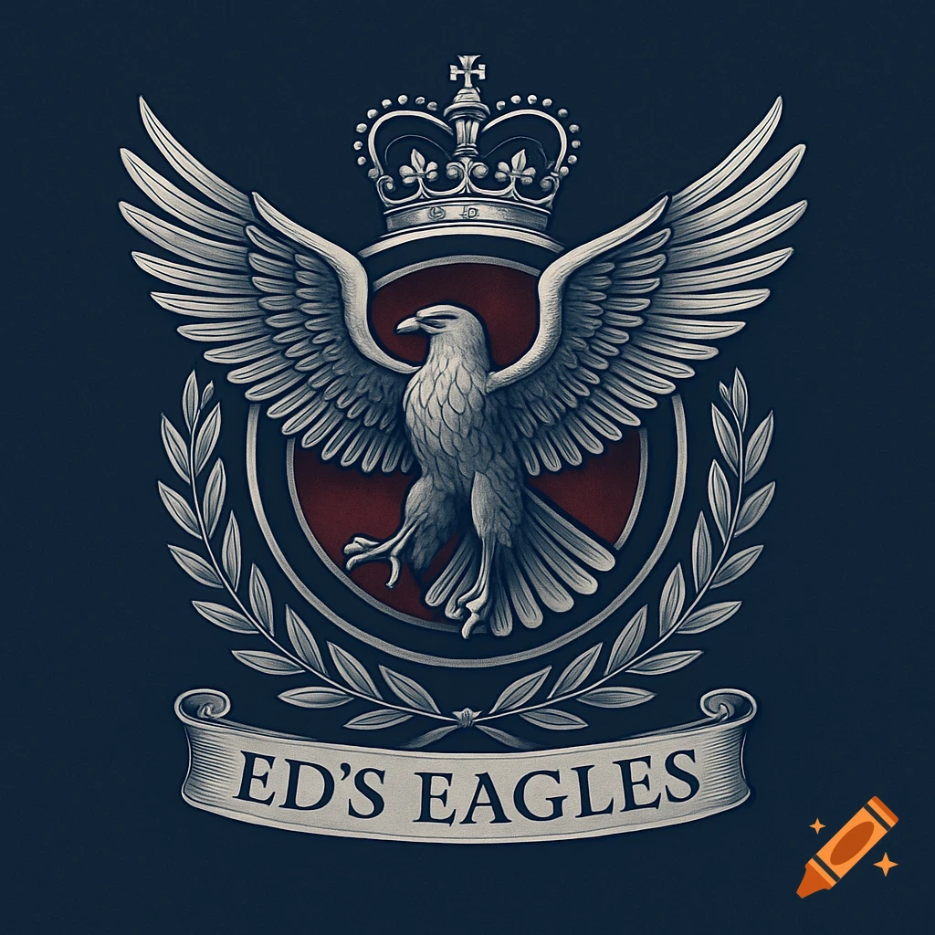 A detailed silver emblem with an eagle, crown, and laurel wreaths on a dark background. A banner reads 'ED'S EAGLES'.