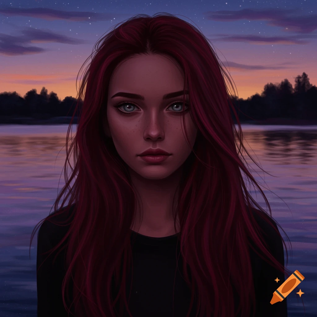 Digital art portrait of a young woman with long red hair and blue eyes, against a purple and orange sunset over water.