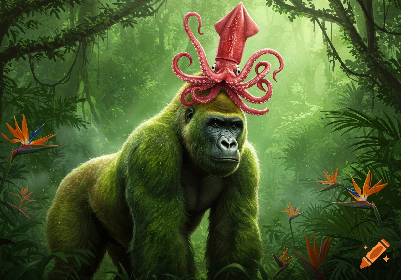 A green-furred gorilla wearing a red squid as a hat stands in a lush jungle with orange flowers.