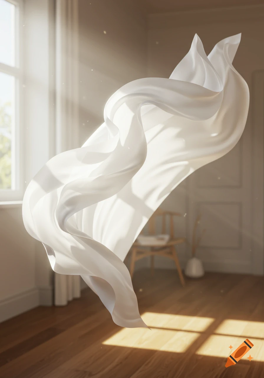 A flowing white sheet floats in a sunlit, minimalist room with wooden floors.