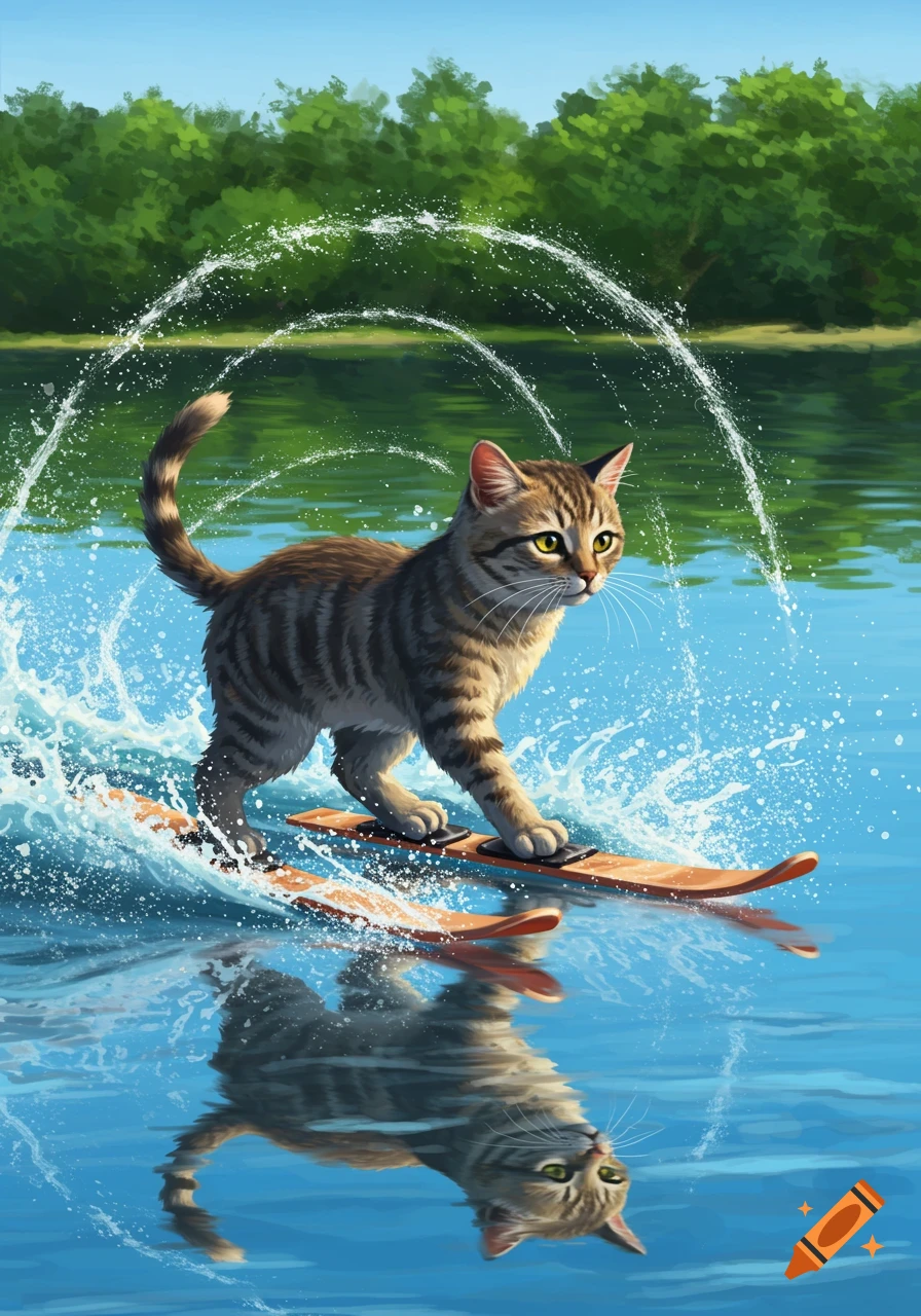 A tabby cat water skiing on a lake, creating splashes, with a reflection in the water and green trees in the background.