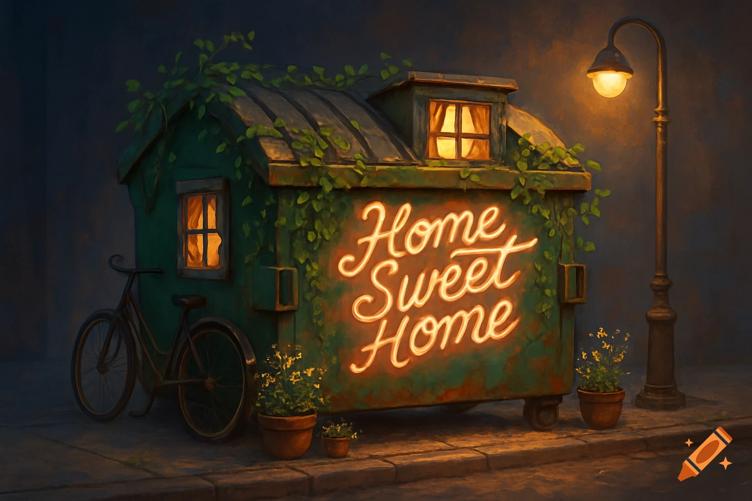 A whimsical green dumpster house with "Home Sweet Home" in neon script, a bicycle, potted plants, and a glowing street lamp at night.
