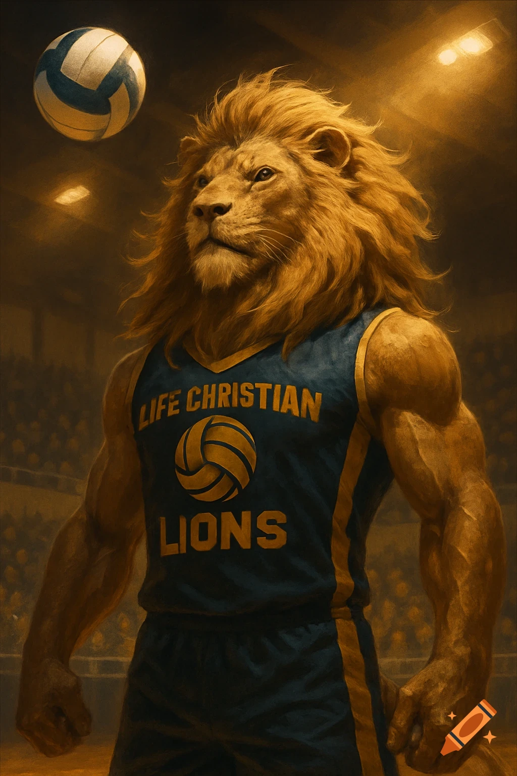 A majestic lion, depicted as a muscular athlete, wears a blue and gold volleyball jersey with 'LIFE CHRISTIAN' and 'LIONS' text. A volleyball floats above its head, with a dimly lit stadium in the background. Stylized art.