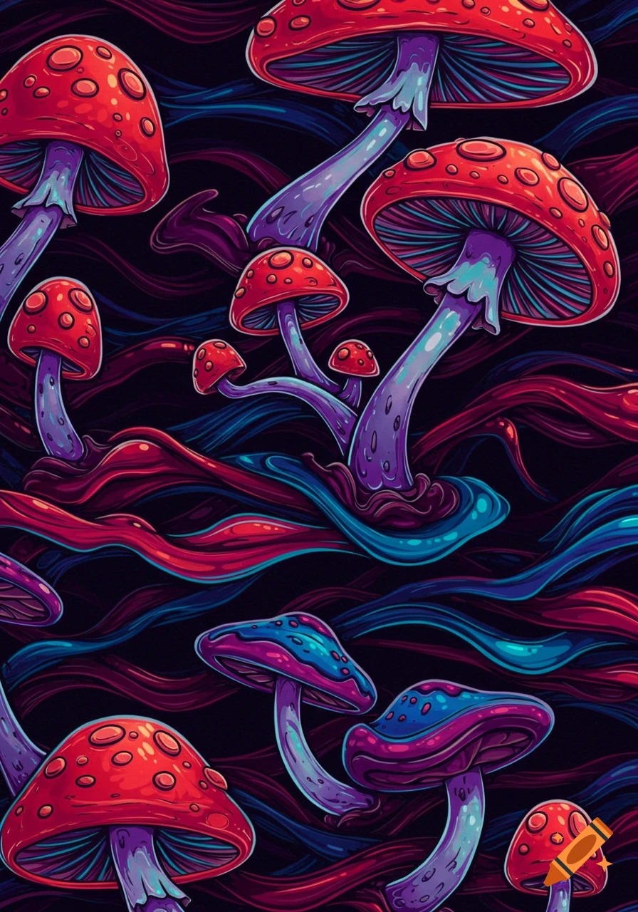 A vibrant, cartoony pattern of red and blue psychedelic mushrooms and wavy colorful lines on a dark background.