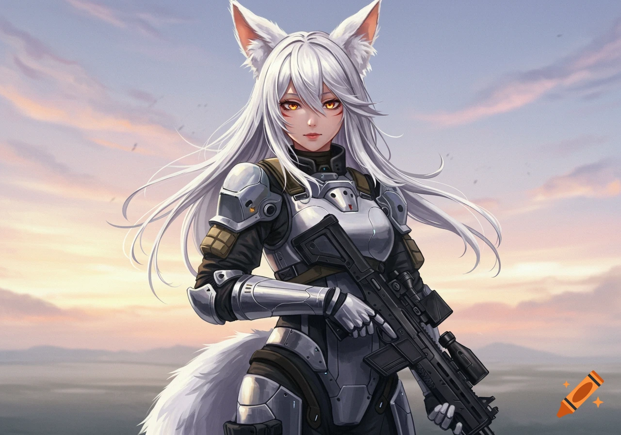 An anime kitsune girl with long white hair and fluffy ears, wearing grey military armor, holds a rifle against a cloudy sky.