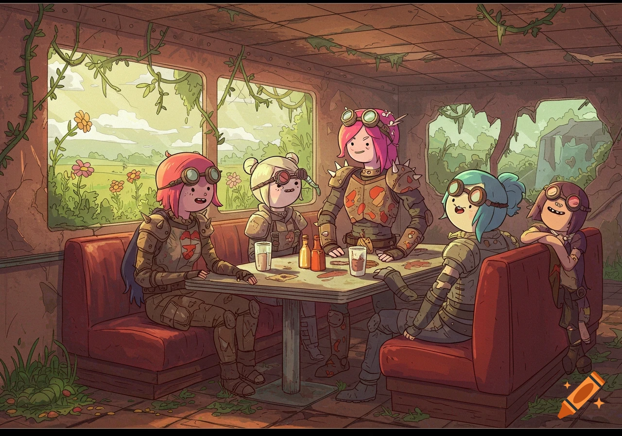Five Adventure Time-style raider girls with goggles and armor are gathered around a table inside a derelict, overgrown diner.