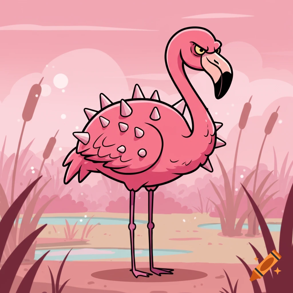 A cartoon pink flamingo with an angry expression, covered in large spikes, standing in a pink-toned marsh.