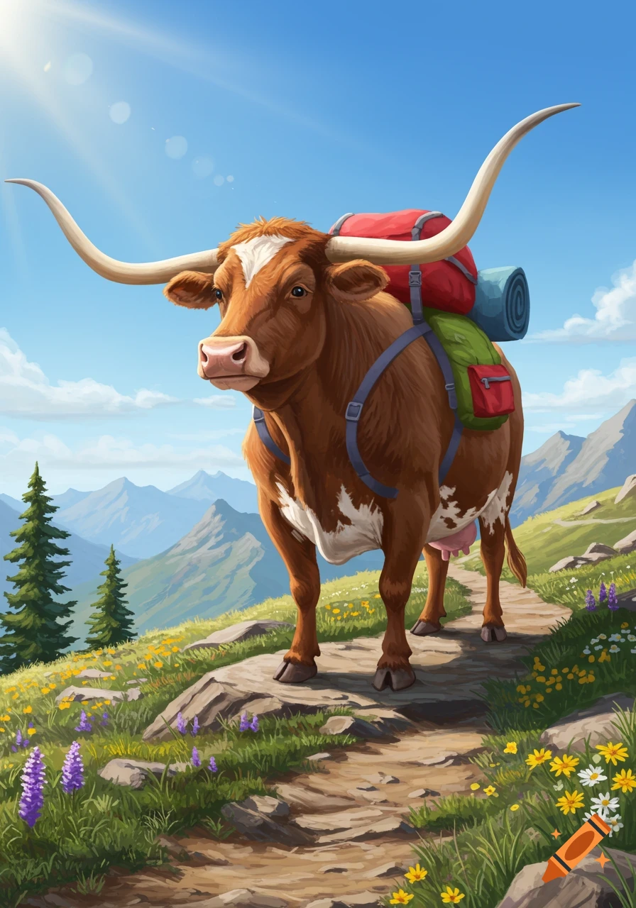 A longhorn cow wearing a red and green backpack stands on a mountain path under a bright blue sky with trees and peaks in the background.